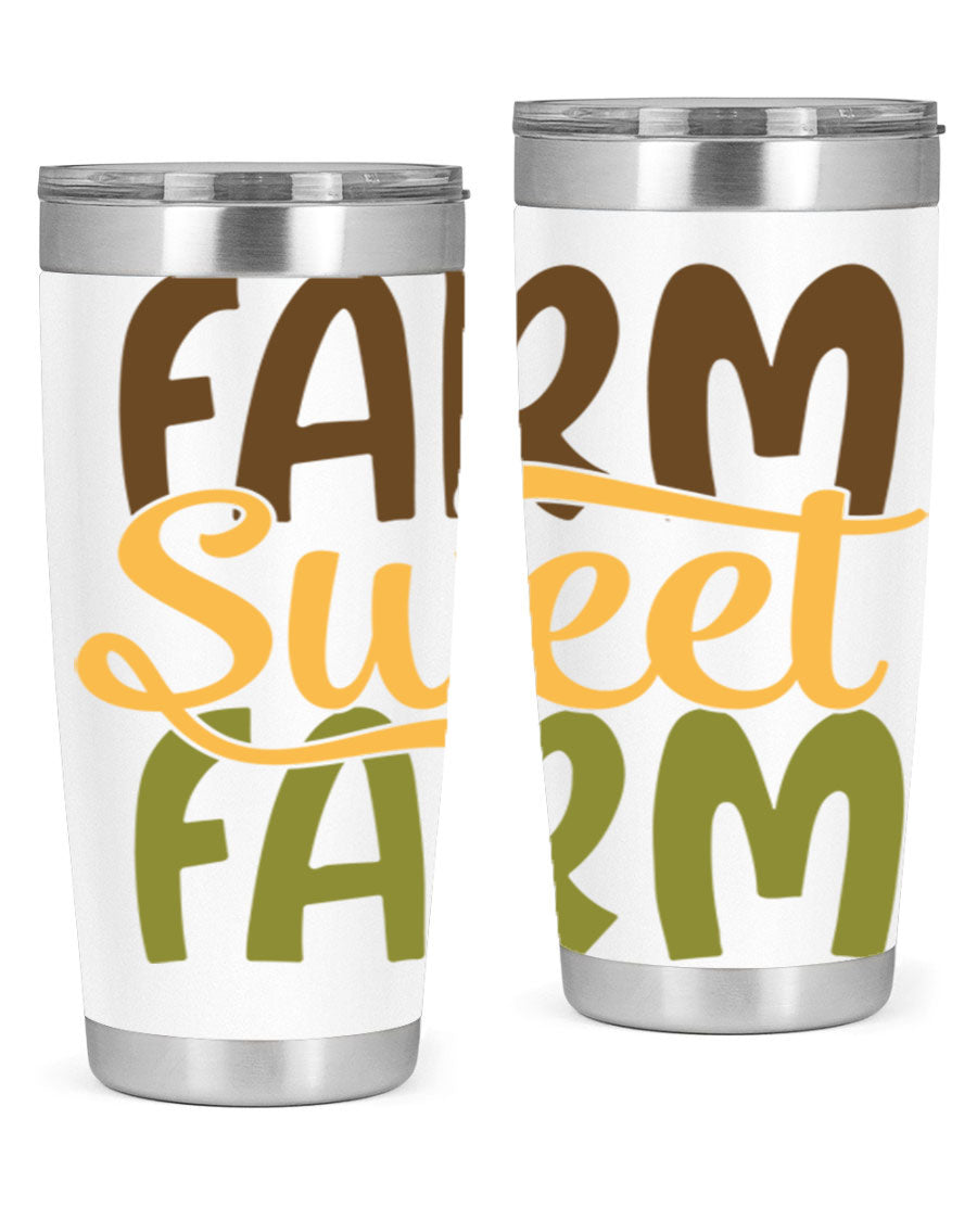 Farm Sweet Farm 20oz Tumbler made of stainless steel with a drink-thru lid, showcasing a vibrant farm-themed design.