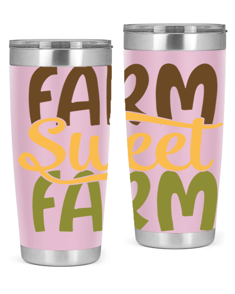 Farm Sweet Farm 20oz Tumbler made of stainless steel with a drink-thru lid, showcasing a vibrant farm-themed design.
