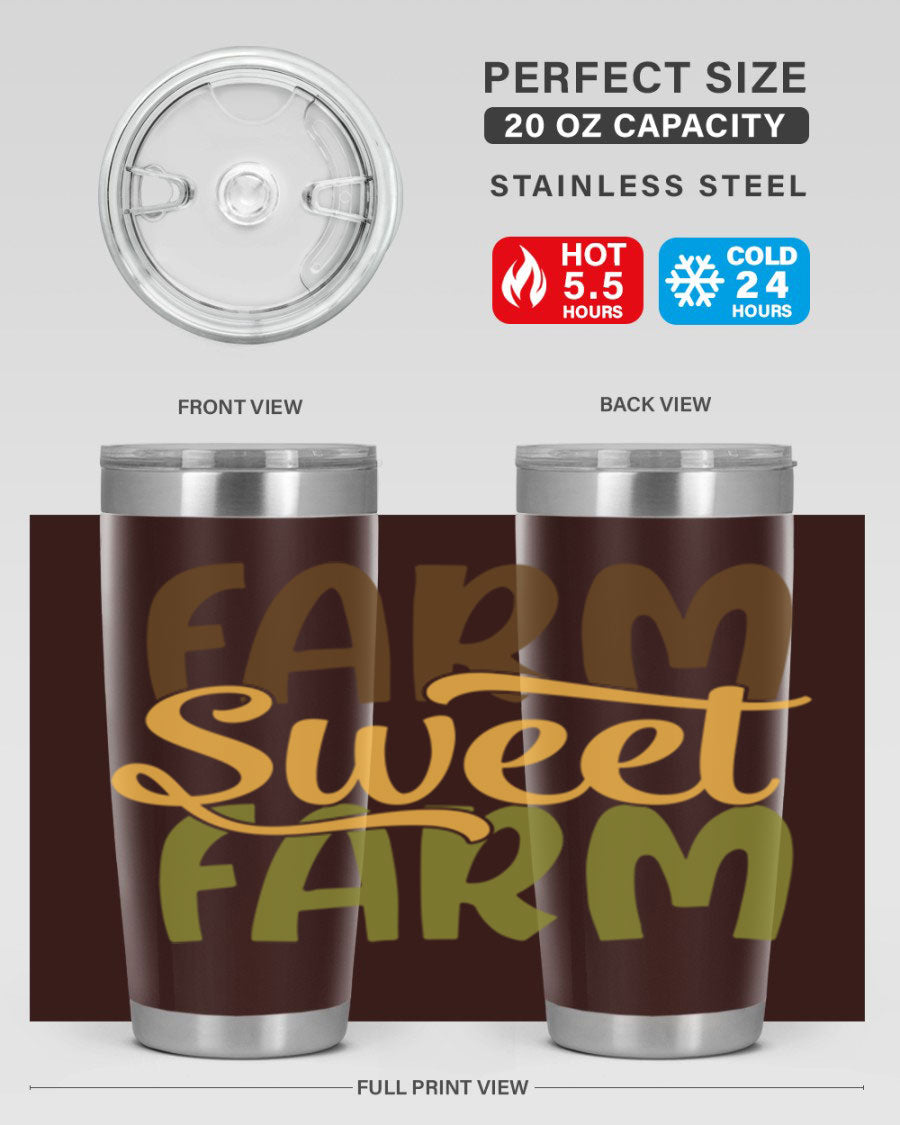 Farm Sweet Farm 20oz Tumbler made of stainless steel with a drink-thru lid, showcasing a vibrant farm-themed design.
