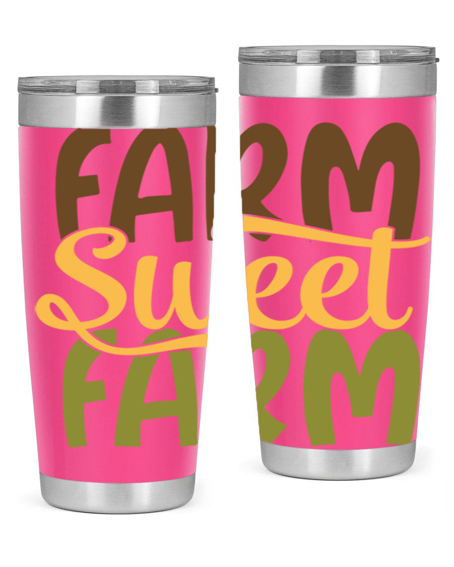 Farm Sweet Farm 20oz Tumbler made of stainless steel with a drink-thru lid, showcasing a vibrant farm-themed design.