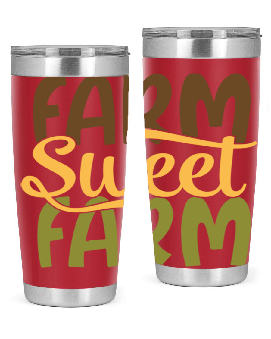 Farm Sweet Farm 20oz Tumbler made of stainless steel with a drink-thru lid, showcasing a vibrant farm-themed design.
