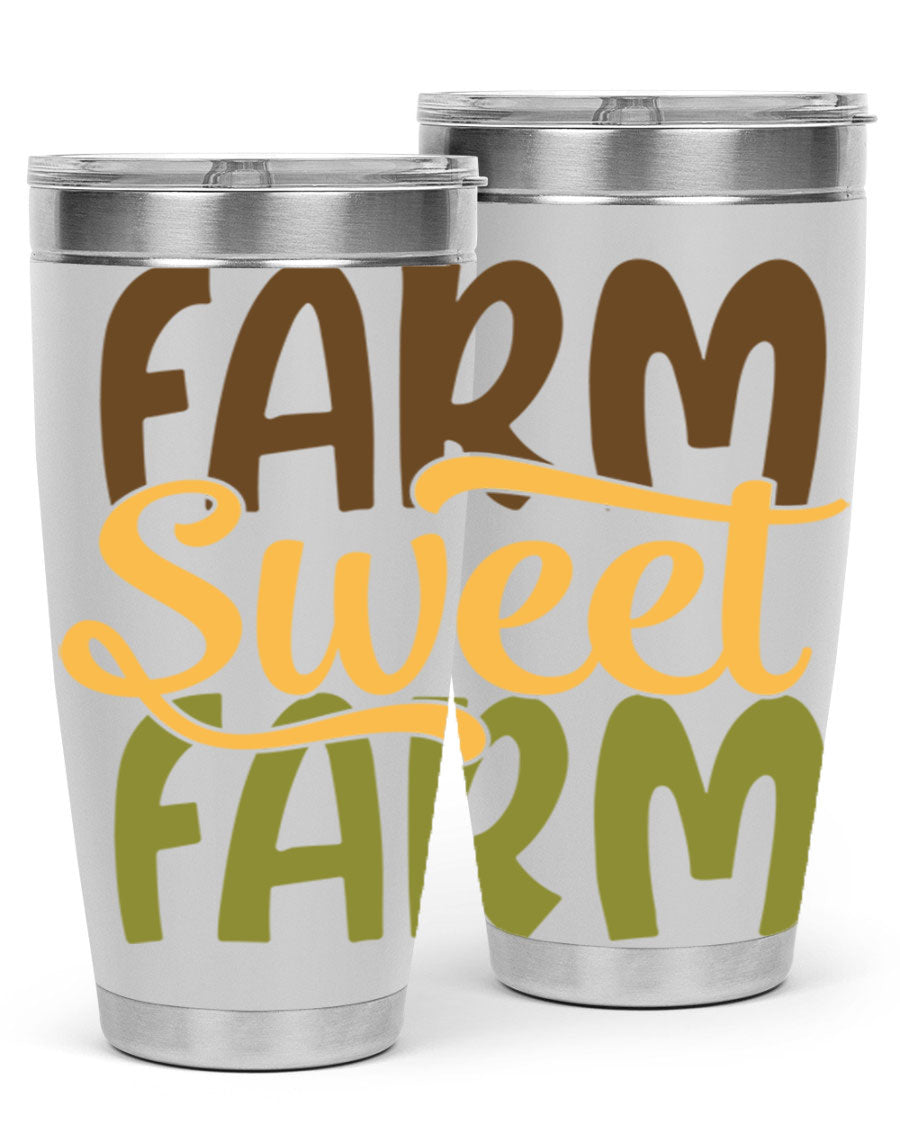 Farm Sweet Farm 20oz Tumbler made of stainless steel with a drink-thru lid, showcasing a vibrant farm-themed design.