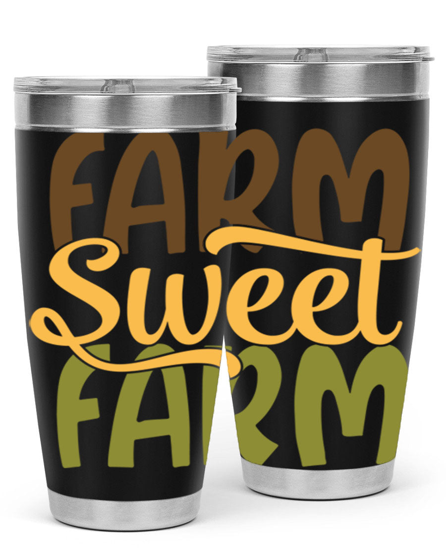 Farm Sweet Farm 20oz Tumbler made of stainless steel with a drink-thru lid, showcasing a vibrant farm-themed design.