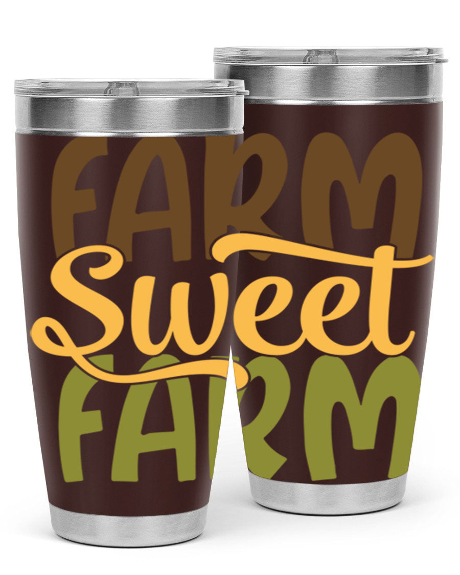 Farm Sweet Farm 20oz Tumbler made of stainless steel with a drink-thru lid, showcasing a vibrant farm-themed design.