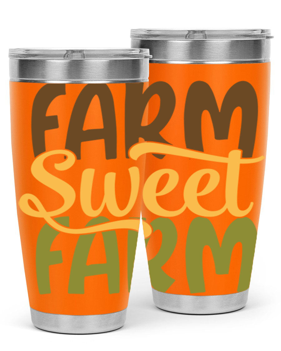 Farm Sweet Farm 20oz Tumbler made of stainless steel with a drink-thru lid, showcasing a vibrant farm-themed design.