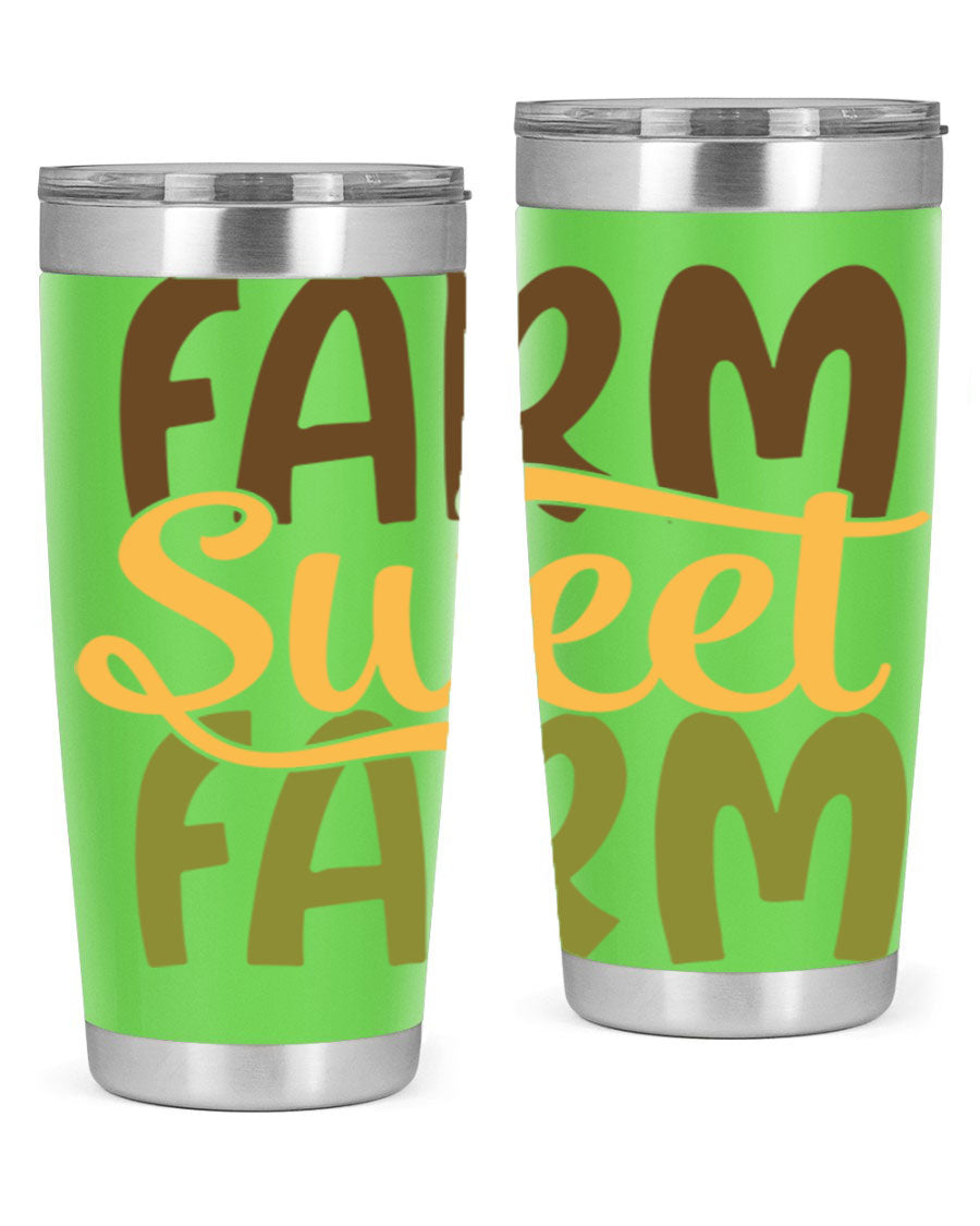 Farm Sweet Farm 20oz Tumbler made of stainless steel with a drink-thru lid, showcasing a vibrant farm-themed design.