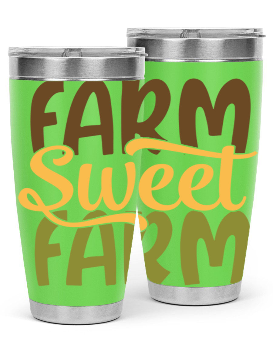 Farm Sweet Farm 20oz Tumbler made of stainless steel with a drink-thru lid, showcasing a vibrant farm-themed design.
