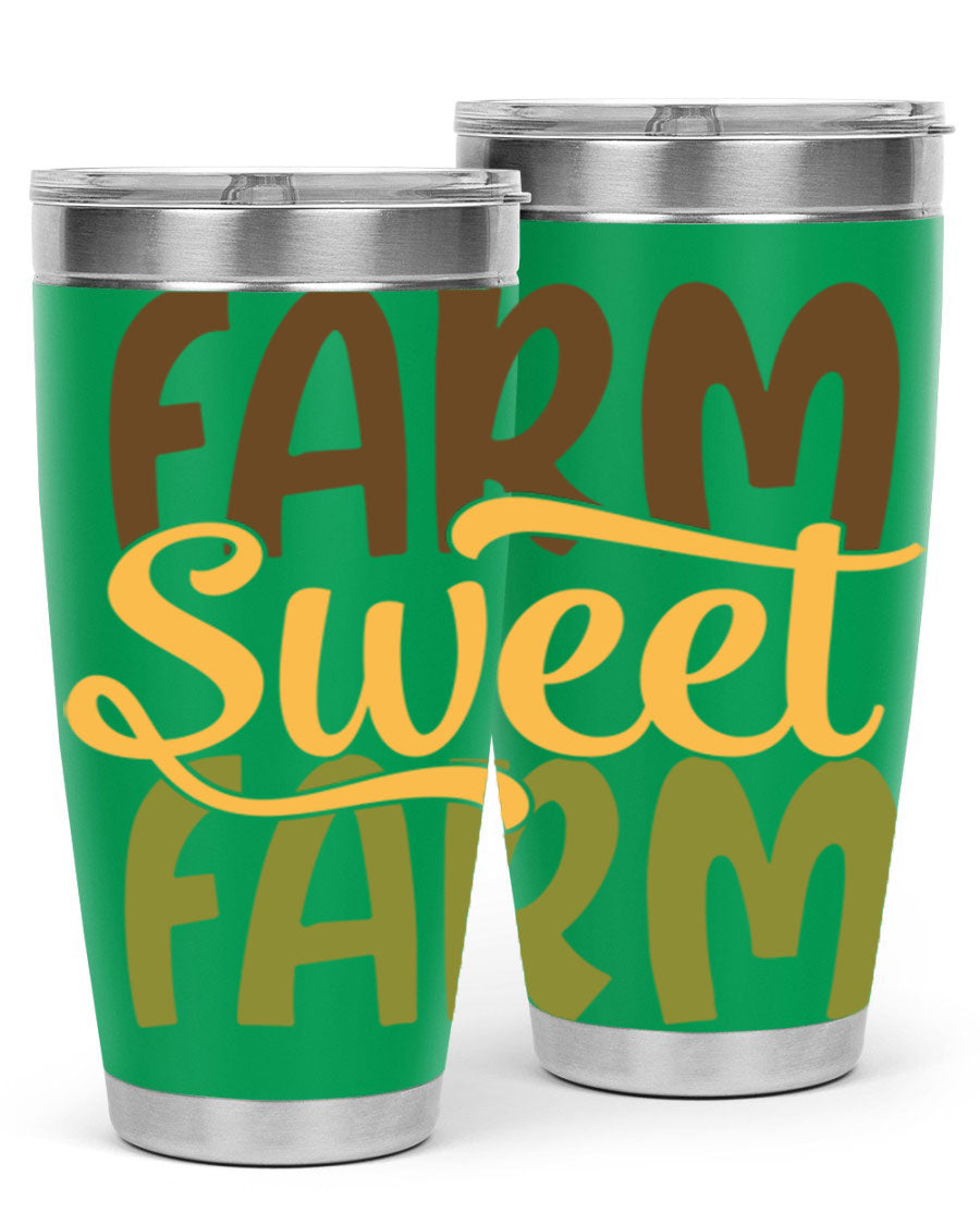 Farm Sweet Farm 20oz Tumbler made of stainless steel with a drink-thru lid, showcasing a vibrant farm-themed design.