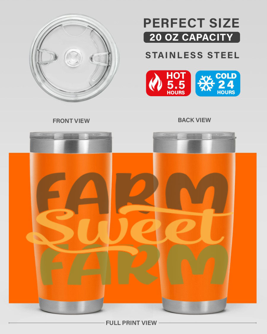 Farm Sweet Farm 20oz Tumbler made of stainless steel with a drink-thru lid, showcasing a vibrant farm-themed design.