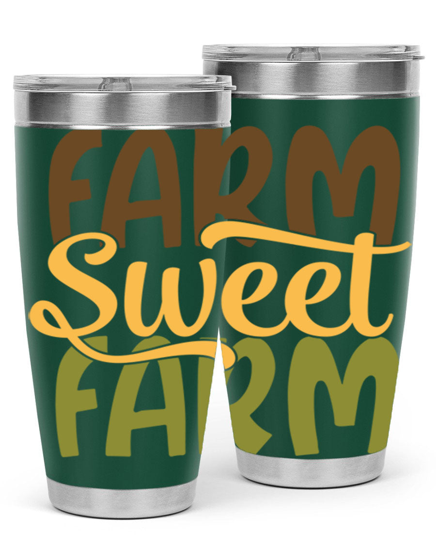 Farm Sweet Farm 20oz Tumbler made of stainless steel with a drink-thru lid, showcasing a vibrant farm-themed design.