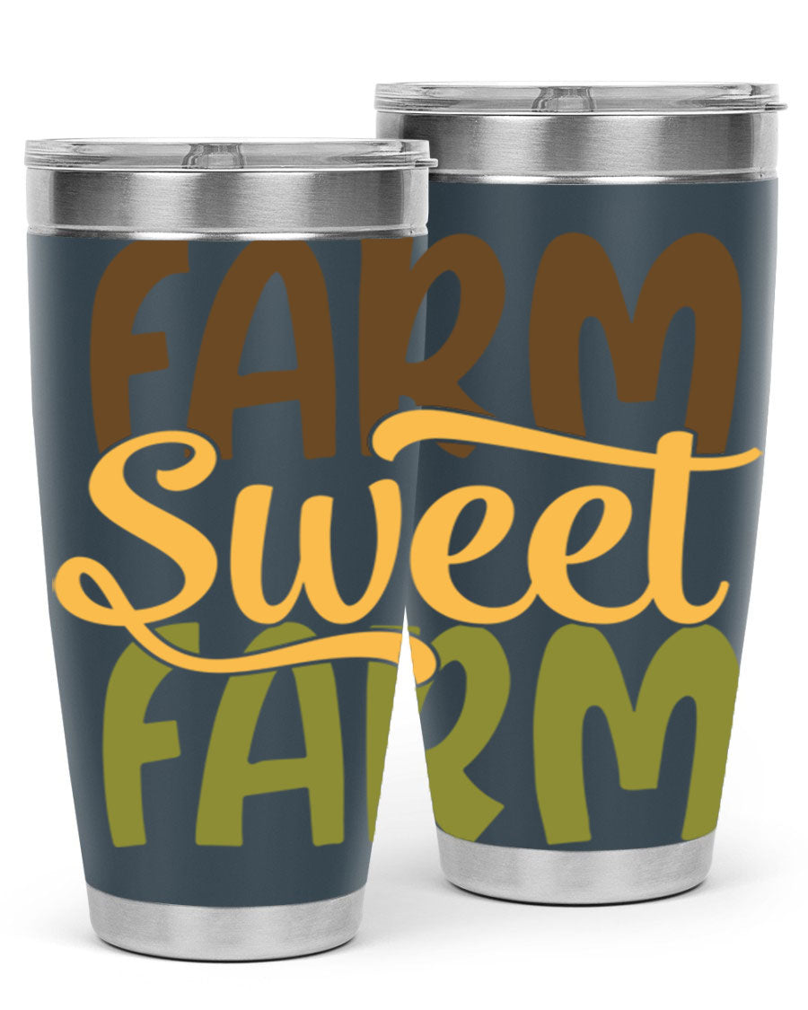 Farm Sweet Farm 20oz Tumbler made of stainless steel with a drink-thru lid, showcasing a vibrant farm-themed design.