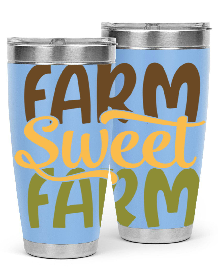 Farm Sweet Farm 20oz Tumbler made of stainless steel with a drink-thru lid, showcasing a vibrant farm-themed design.
