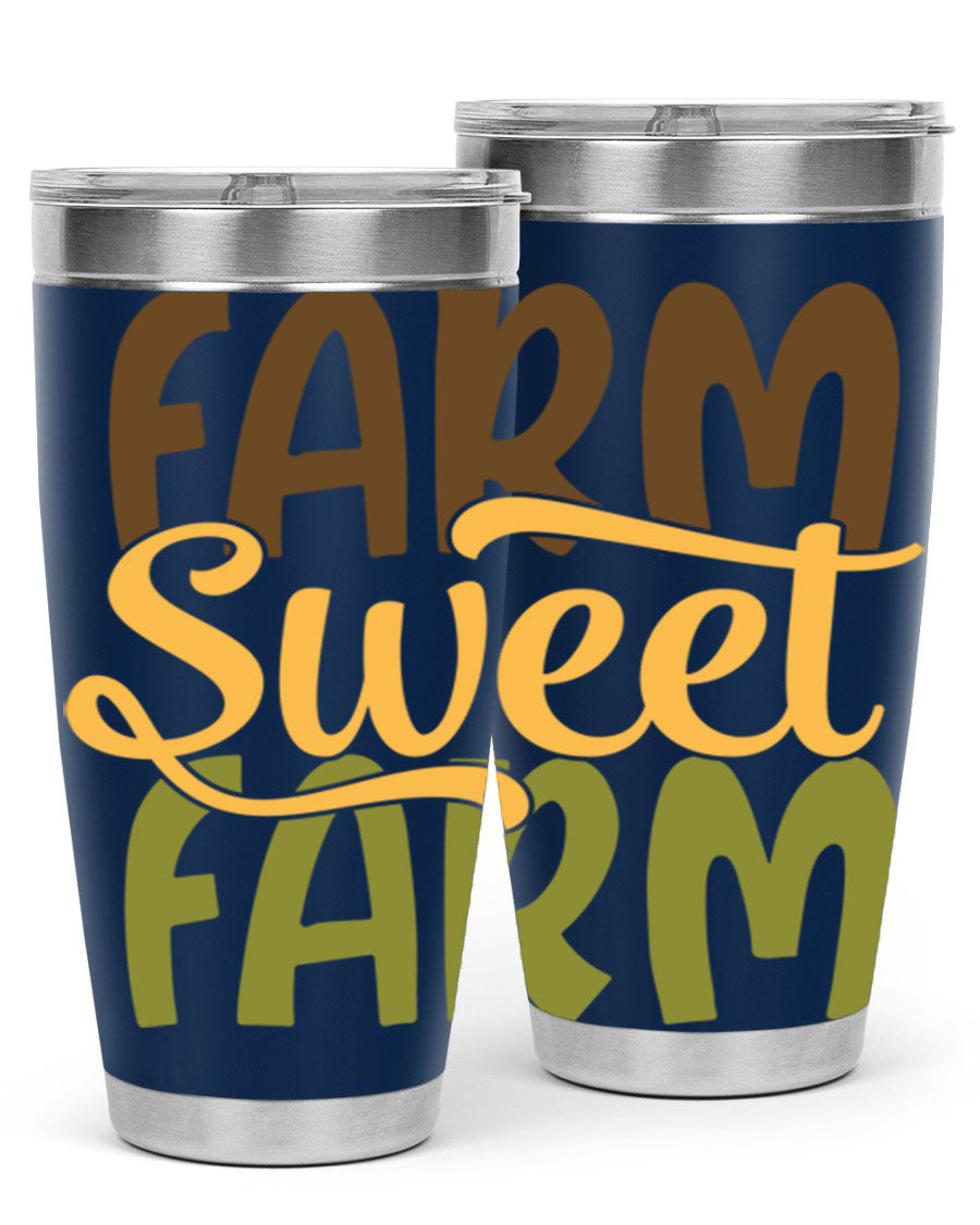 Farm Sweet Farm 20oz Tumbler made of stainless steel with a drink-thru lid, showcasing a vibrant farm-themed design.