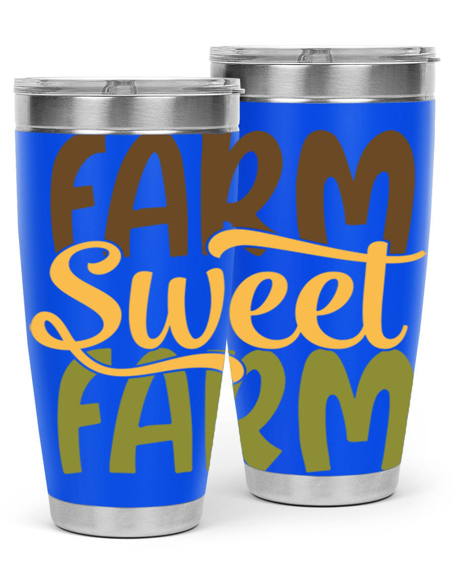 Farm Sweet Farm 20oz Tumbler made of stainless steel with a drink-thru lid, showcasing a vibrant farm-themed design.