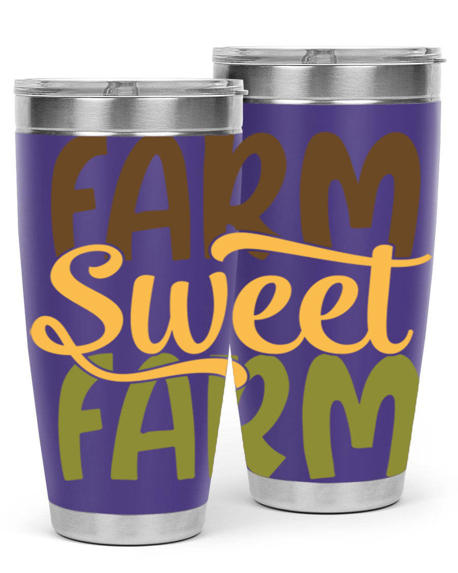 Farm Sweet Farm 20oz Tumbler made of stainless steel with a drink-thru lid, showcasing a vibrant farm-themed design.