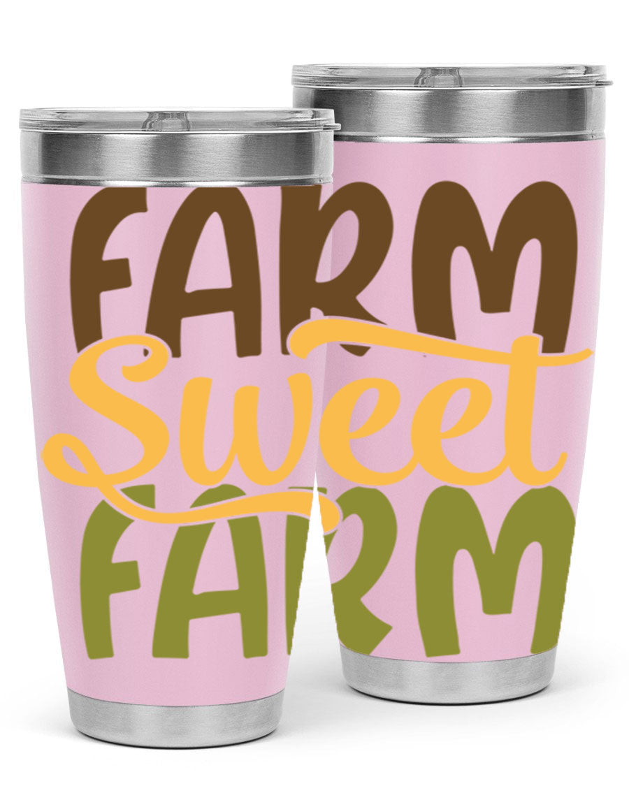 Farm Sweet Farm 20oz Tumbler made of stainless steel with a drink-thru lid, showcasing a vibrant farm-themed design.