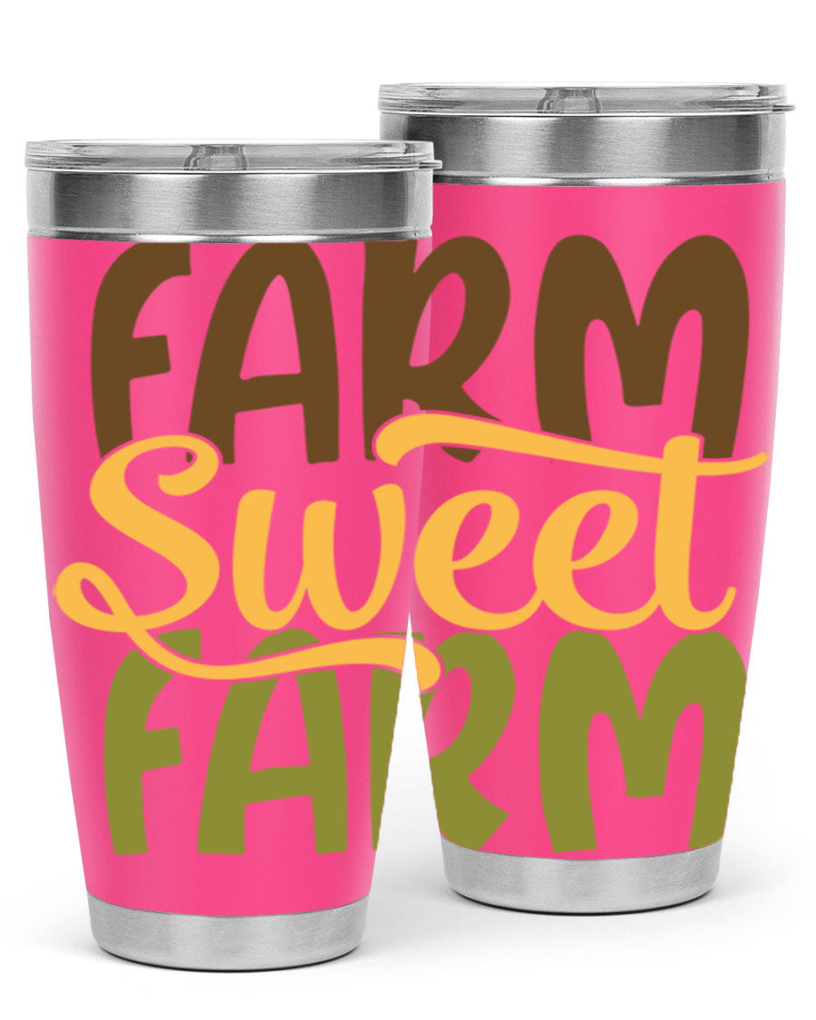 Farm Sweet Farm 20oz Tumbler made of stainless steel with a drink-thru lid, showcasing a vibrant farm-themed design.