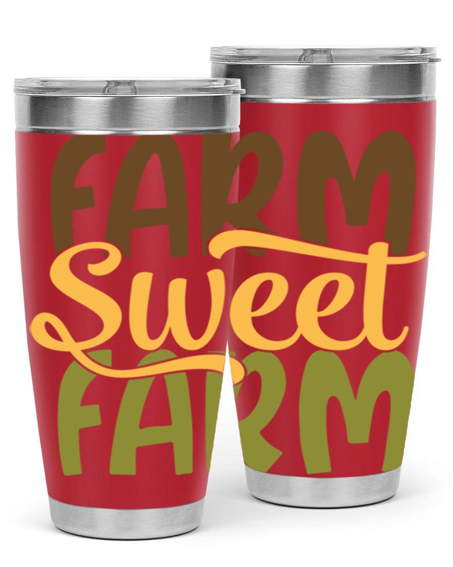 Farm Sweet Farm 20oz Tumbler made of stainless steel with a drink-thru lid, showcasing a vibrant farm-themed design.