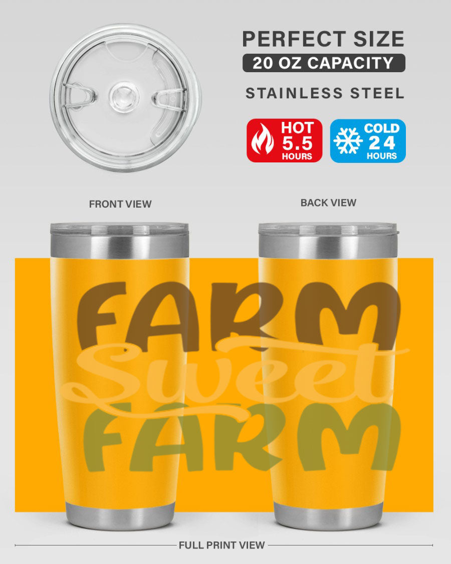 Farm Sweet Farm 20oz Tumbler made of stainless steel with a drink-thru lid, showcasing a vibrant farm-themed design.