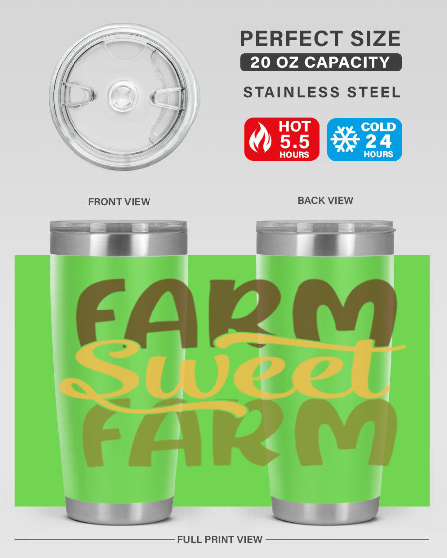 Farm Sweet Farm 20oz Tumbler made of stainless steel with a drink-thru lid, showcasing a vibrant farm-themed design.