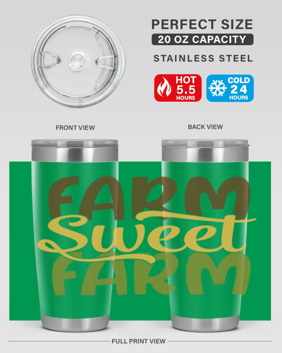 Farm Sweet Farm 20oz Tumbler made of stainless steel with a drink-thru lid, showcasing a vibrant farm-themed design.