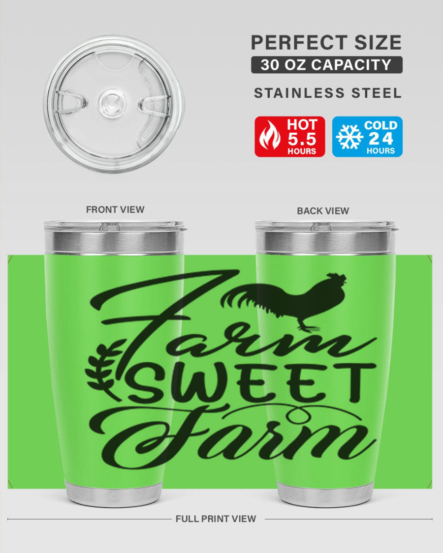 Farm Sweet Farm 20oz Tumbler made of stainless steel with a copper lining, featuring a drink-thru lid, ideal for hot and cold beverages.