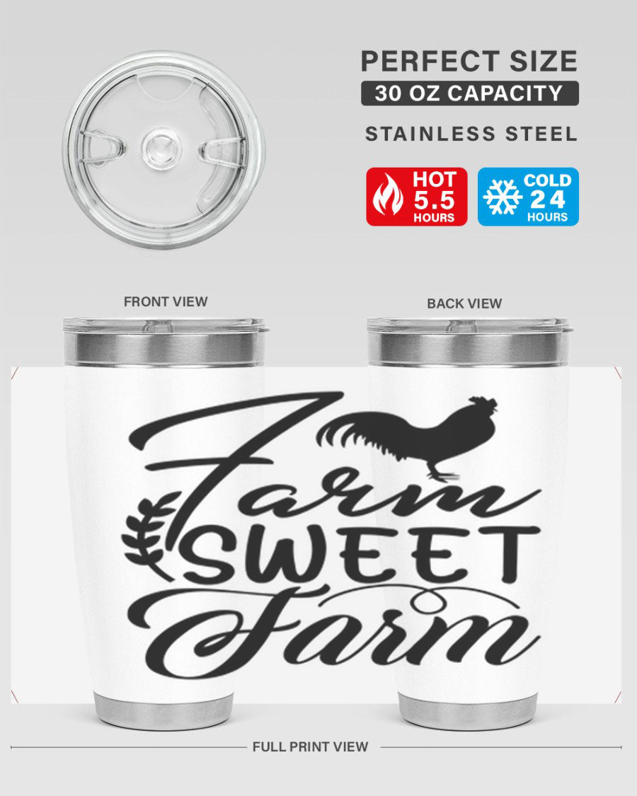 Farm Sweet Farm 20oz Tumbler made of stainless steel with a copper lining, featuring a drink-thru lid, ideal for hot and cold beverages.