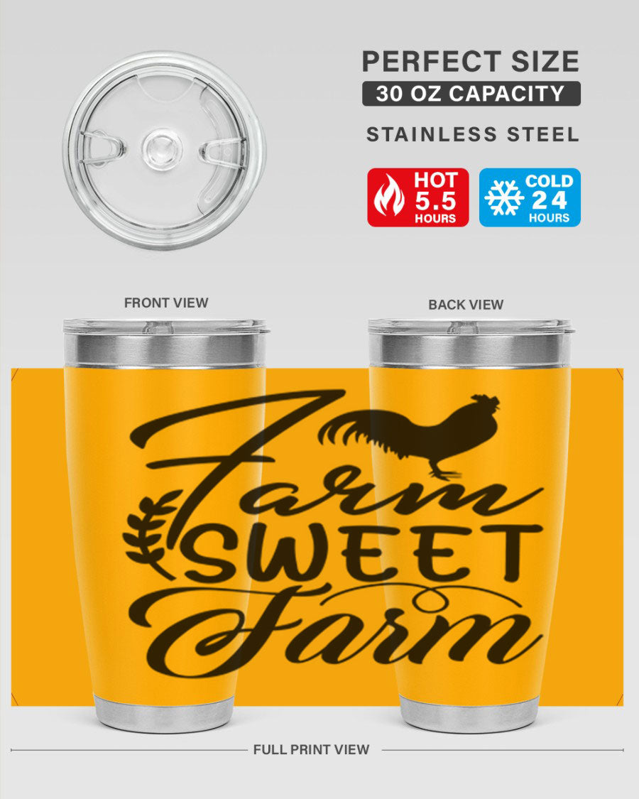 Farm Sweet Farm 20oz Tumbler made of stainless steel with a copper lining, featuring a drink-thru lid, ideal for hot and cold beverages.