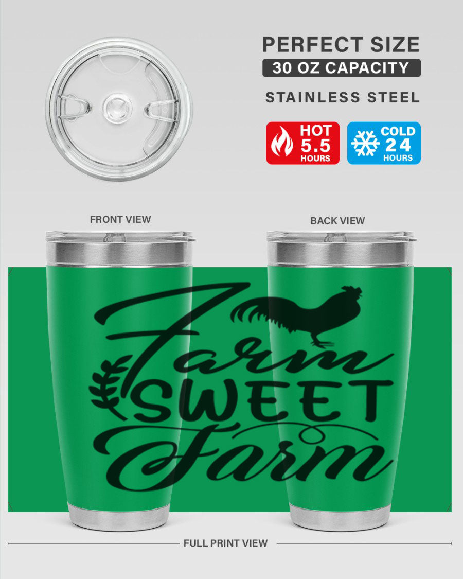 Farm Sweet Farm 20oz Tumbler made of stainless steel with a copper lining, featuring a drink-thru lid, ideal for hot and cold beverages.