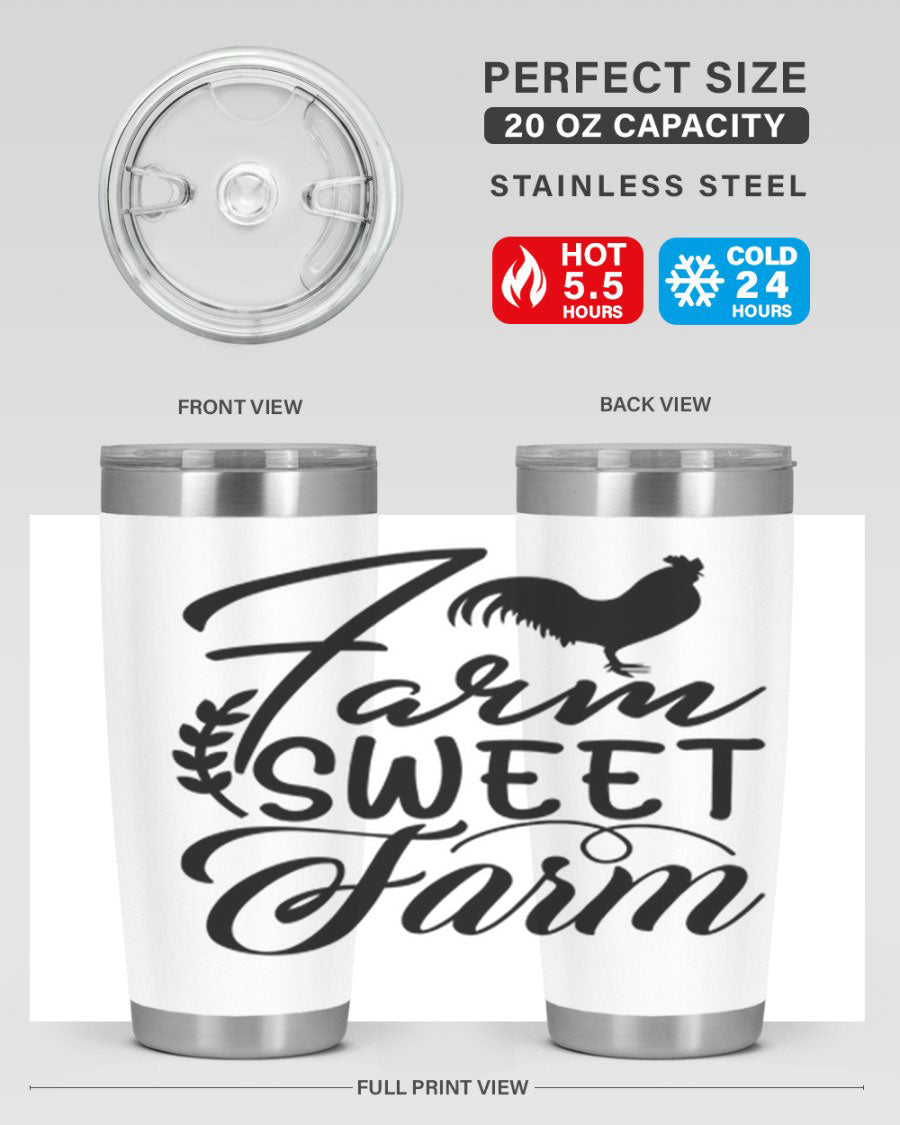 Farm Sweet Farm 20oz Tumbler made of stainless steel with a copper lining, featuring a drink-thru lid, ideal for hot and cold beverages.