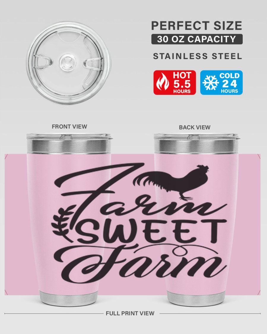 Farm Sweet Farm 20oz Tumbler made of stainless steel with a copper lining, featuring a drink-thru lid, ideal for hot and cold beverages.