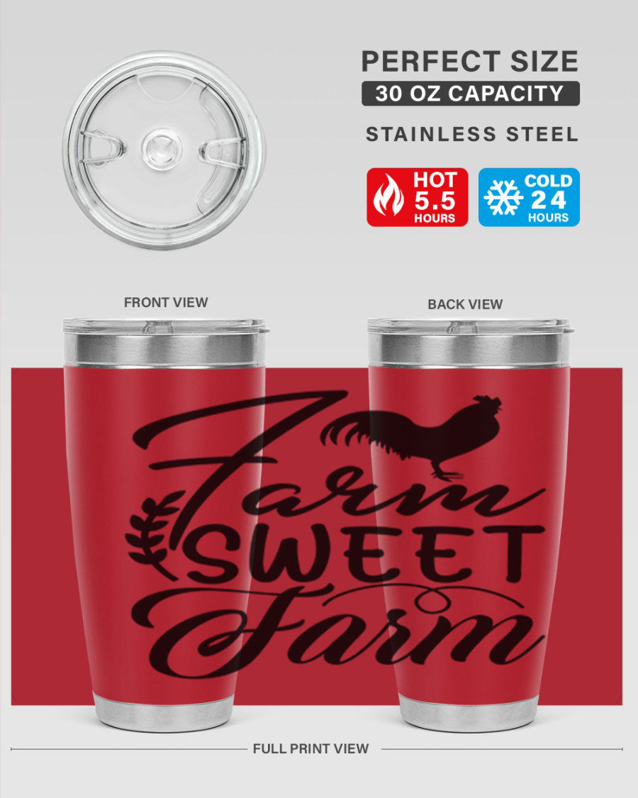 Farm Sweet Farm 20oz Tumbler made of stainless steel with a copper lining, featuring a drink-thru lid, ideal for hot and cold beverages.