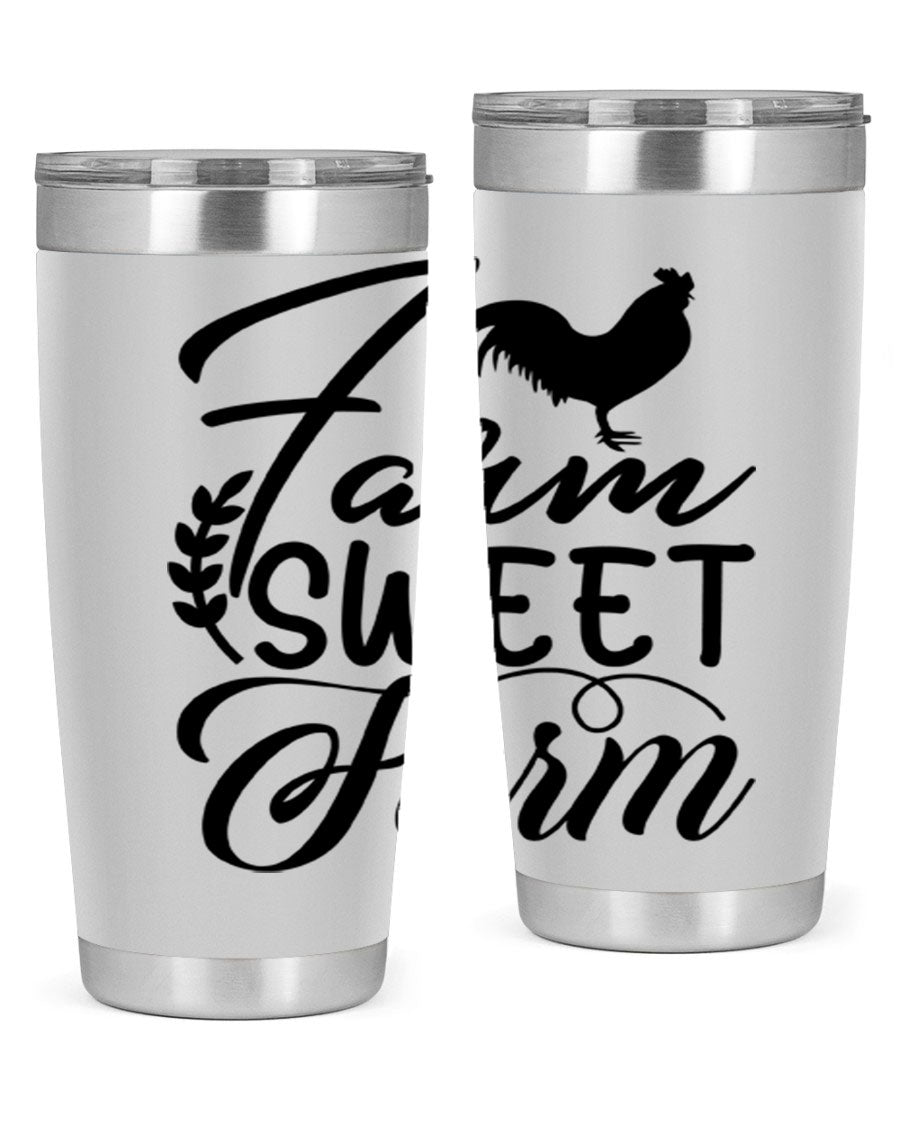Farm Sweet Farm 20oz Tumbler made of stainless steel with a copper lining, featuring a drink-thru lid, ideal for hot and cold beverages.