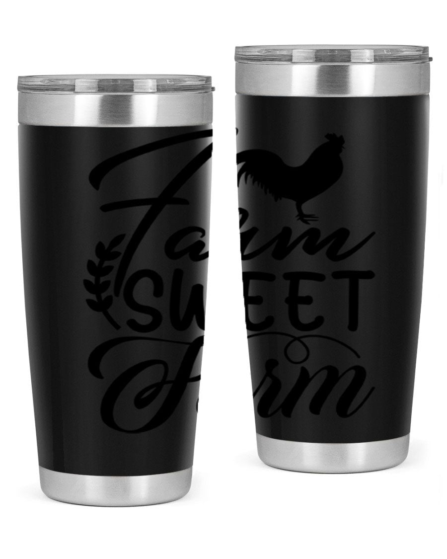 Farm Sweet Farm 20oz Tumbler made of stainless steel with a copper lining, featuring a drink-thru lid, ideal for hot and cold beverages.