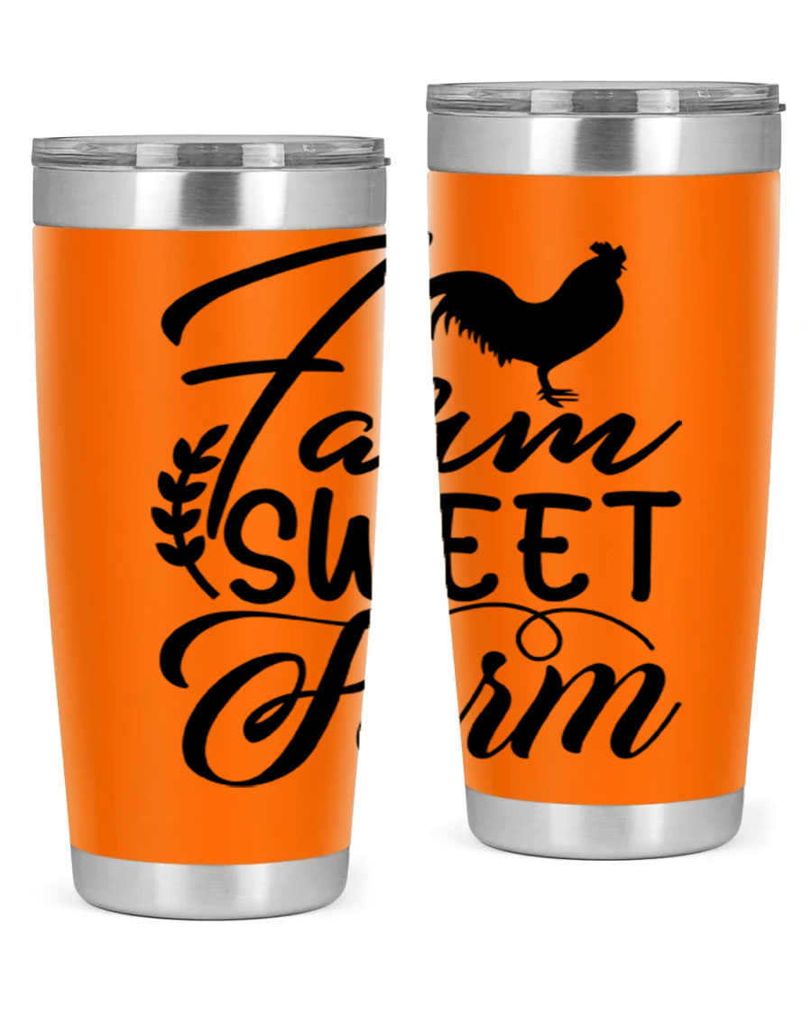 Farm Sweet Farm 20oz Tumbler made of stainless steel with a copper lining, featuring a drink-thru lid, ideal for hot and cold beverages.