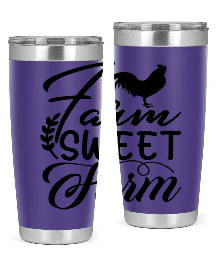 Farm Sweet Farm 20oz Tumbler made of stainless steel with a copper lining, featuring a drink-thru lid, ideal for hot and cold beverages.