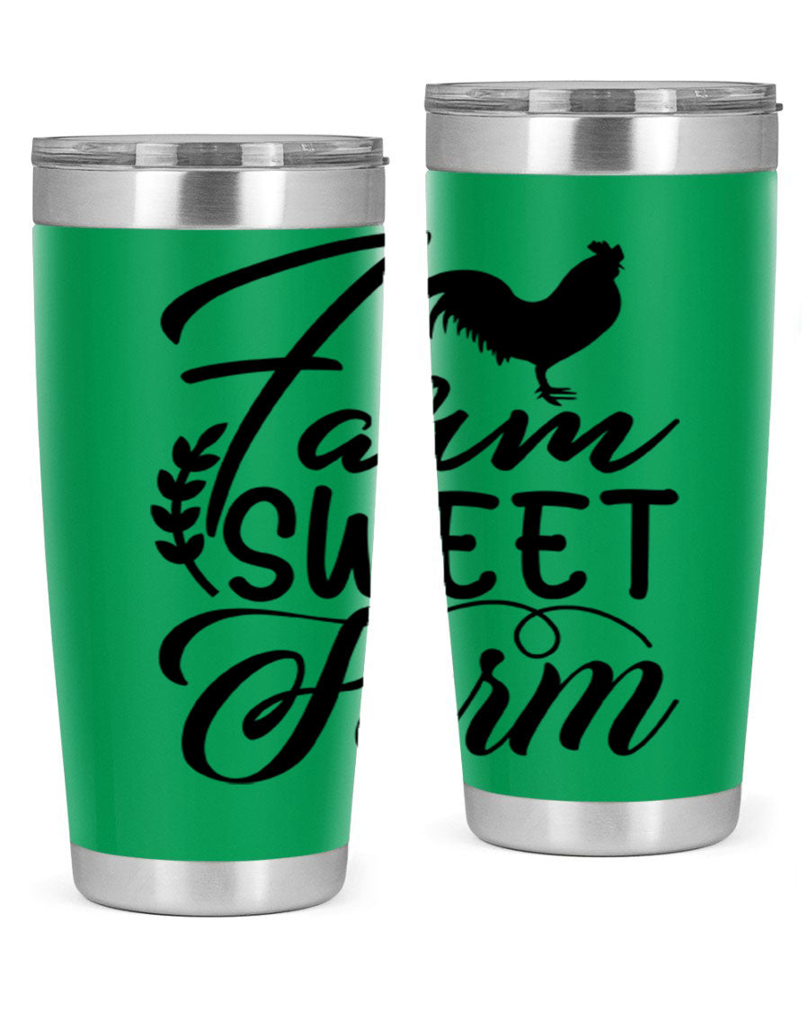 Farm Sweet Farm 20oz Tumbler made of stainless steel with a copper lining, featuring a drink-thru lid, ideal for hot and cold beverages.