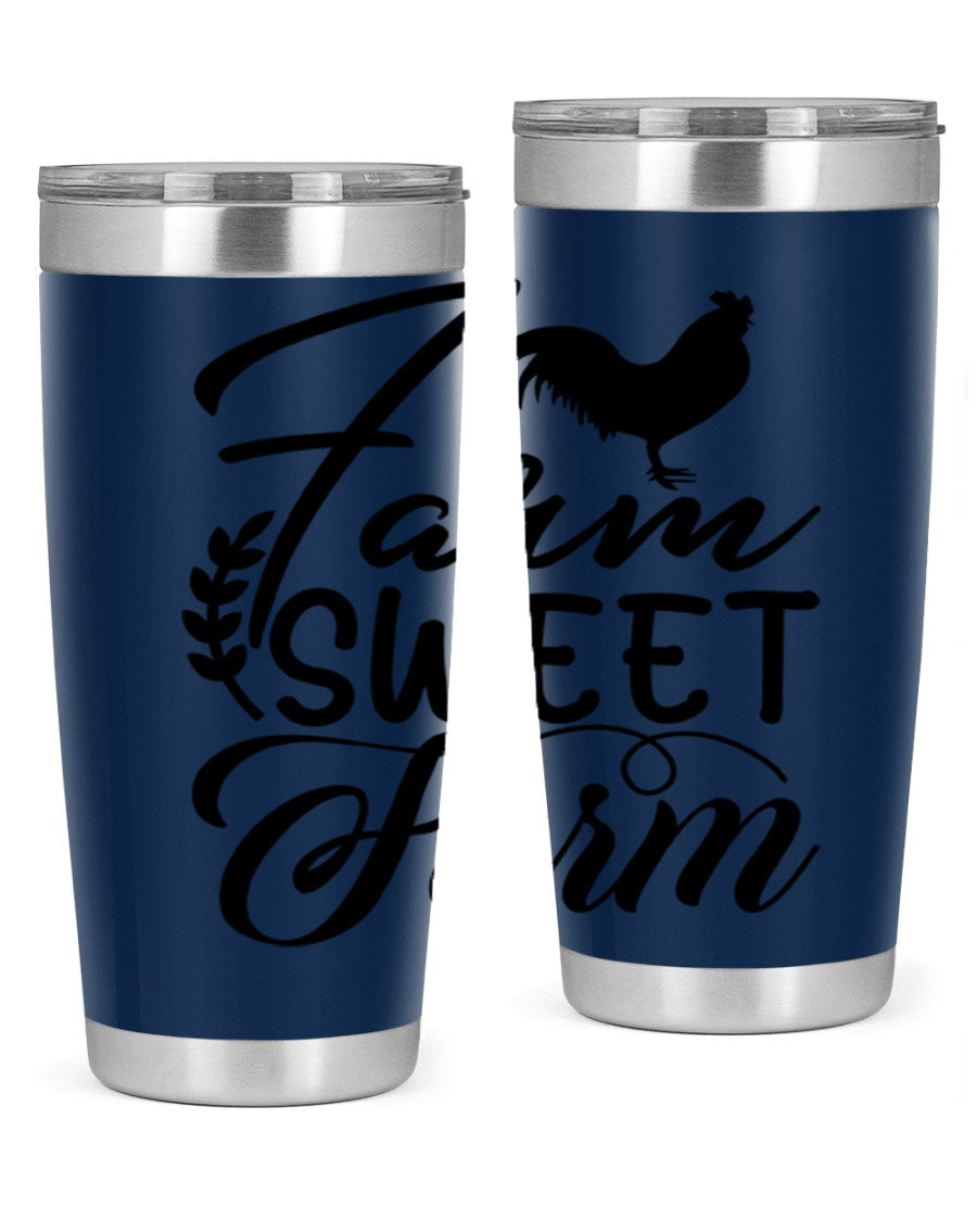 Farm Sweet Farm 20oz Tumbler made of stainless steel with a copper lining, featuring a drink-thru lid, ideal for hot and cold beverages.