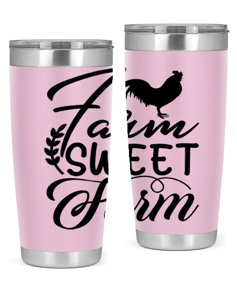 Farm Sweet Farm 20oz Tumbler made of stainless steel with a copper lining, featuring a drink-thru lid, ideal for hot and cold beverages.