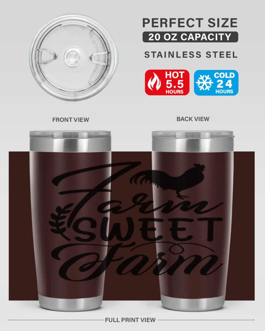 Farm Sweet Farm 20oz Tumbler made of stainless steel with a copper lining, featuring a drink-thru lid, ideal for hot and cold beverages.