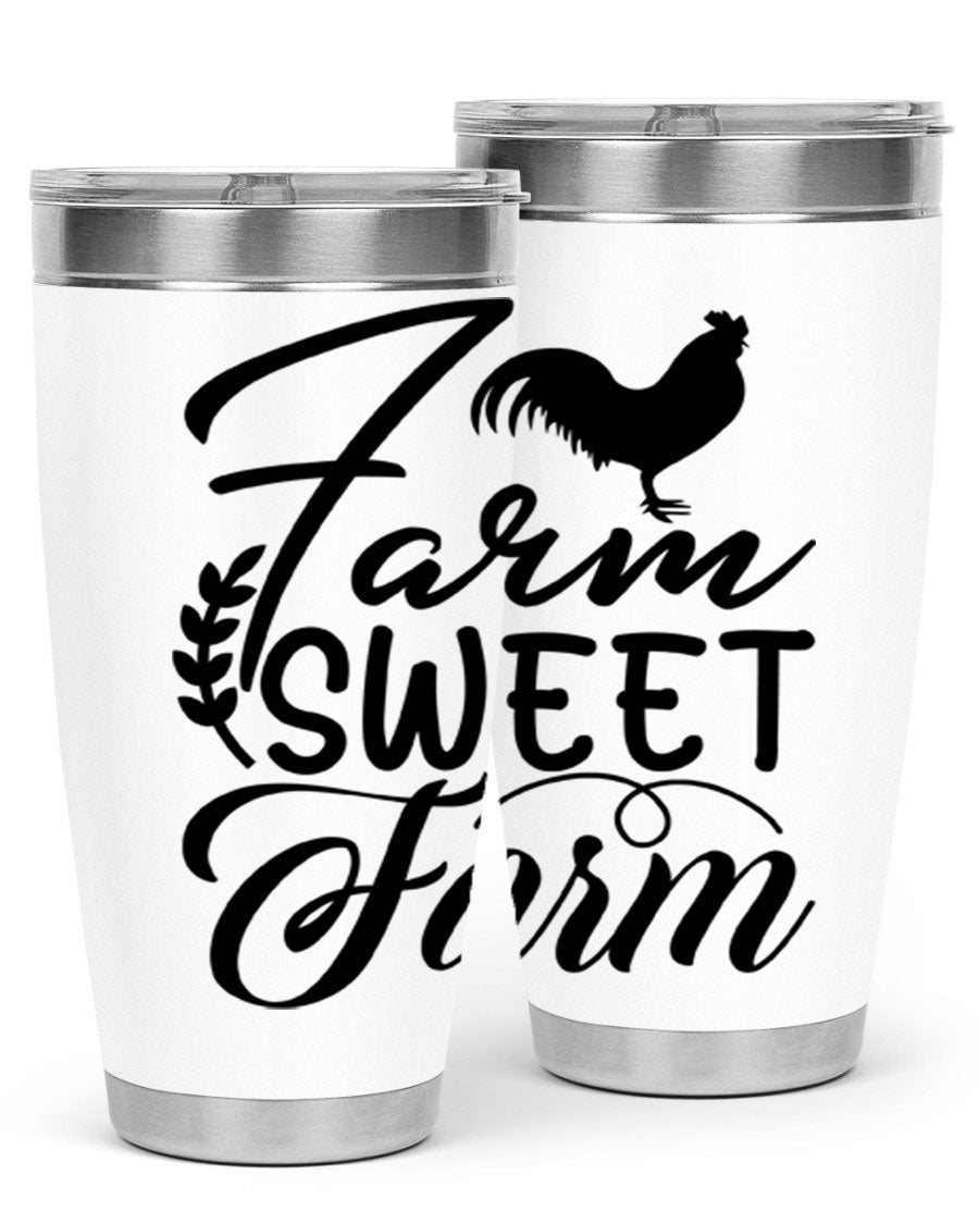 Farm Sweet Farm 20oz Tumbler made of stainless steel with a copper lining, featuring a drink-thru lid, ideal for hot and cold beverages.