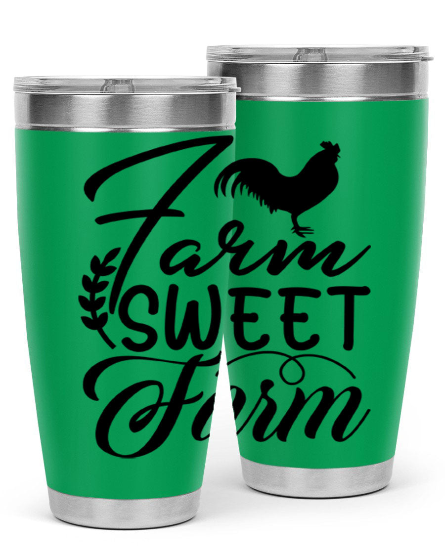 Farm Sweet Farm 20oz Tumbler made of stainless steel with a copper lining, featuring a drink-thru lid, ideal for hot and cold beverages.