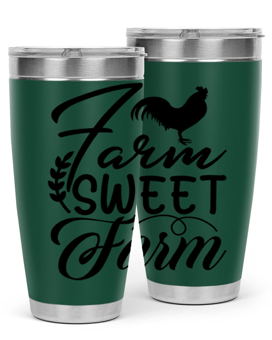 Farm Sweet Farm 20oz Tumbler made of stainless steel with a copper lining, featuring a drink-thru lid, ideal for hot and cold beverages.
