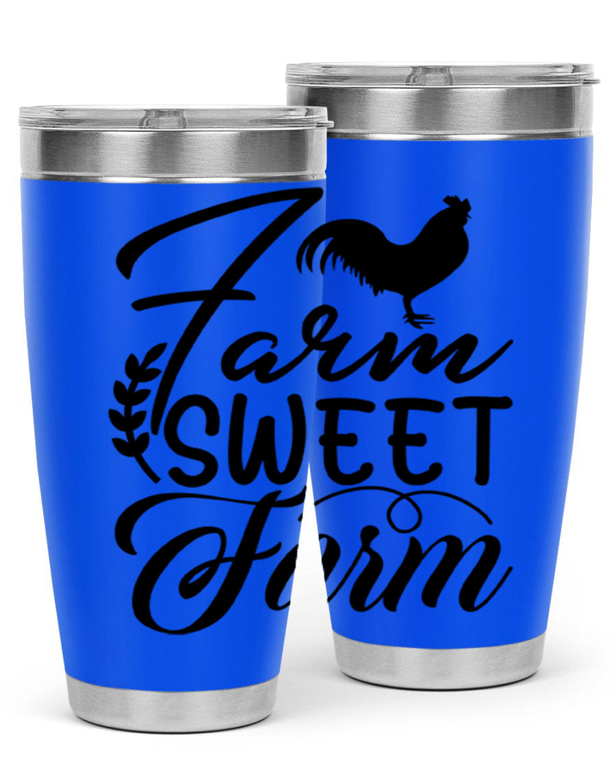 Farm Sweet Farm 20oz Tumbler made of stainless steel with a copper lining, featuring a drink-thru lid, ideal for hot and cold beverages.