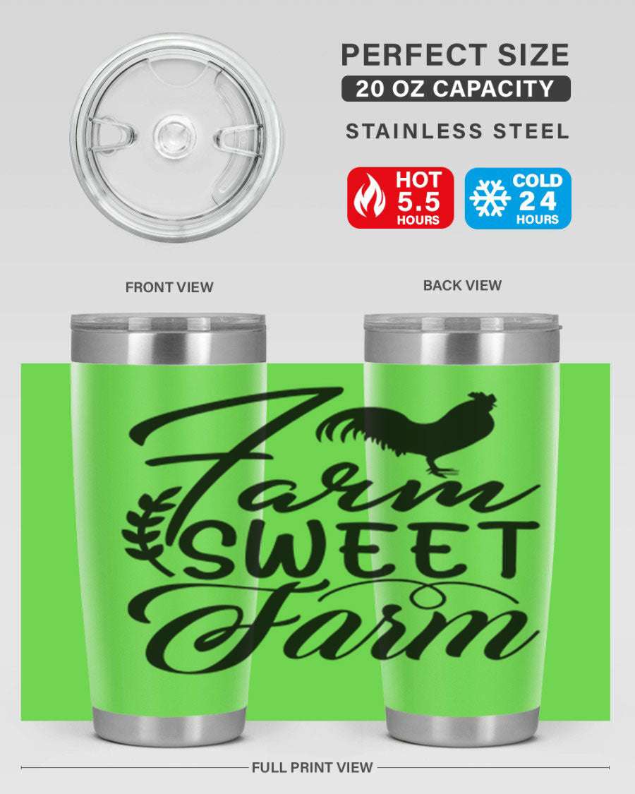 Farm Sweet Farm 20oz Tumbler made of stainless steel with a copper lining, featuring a drink-thru lid, ideal for hot and cold beverages.