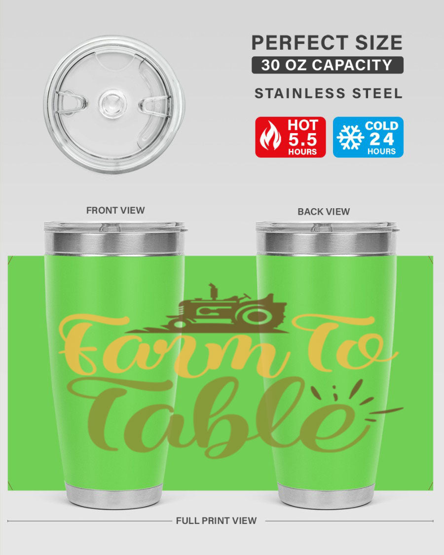 Farm to Table 11# Tumbler, a 20oz double wall vacuum stainless steel tumbler with copper lining and a drink-thru lid, ideal for hot and cold beverages.