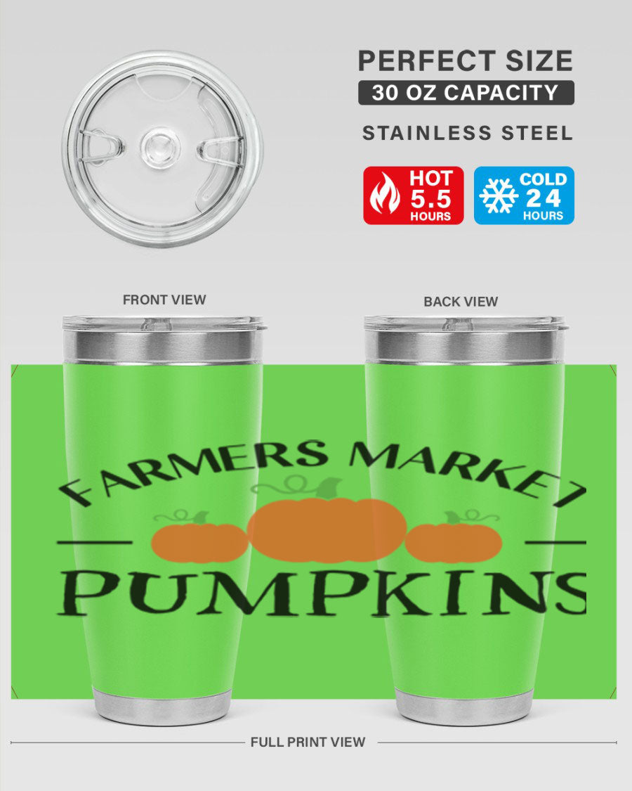 Farmers Market Pumpkins 178# 20oz tumbler featuring a vibrant pumpkin design, double wall vacuum stainless steel construction, and a drink-thru lid.