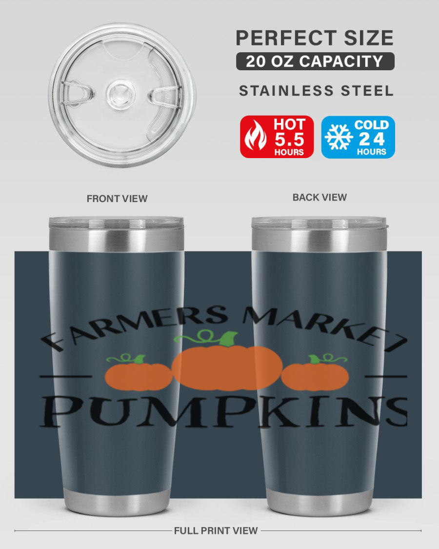 Farmers Market Pumpkins 178# 20oz tumbler featuring a vibrant pumpkin design, double wall vacuum stainless steel construction, and a drink-thru lid.