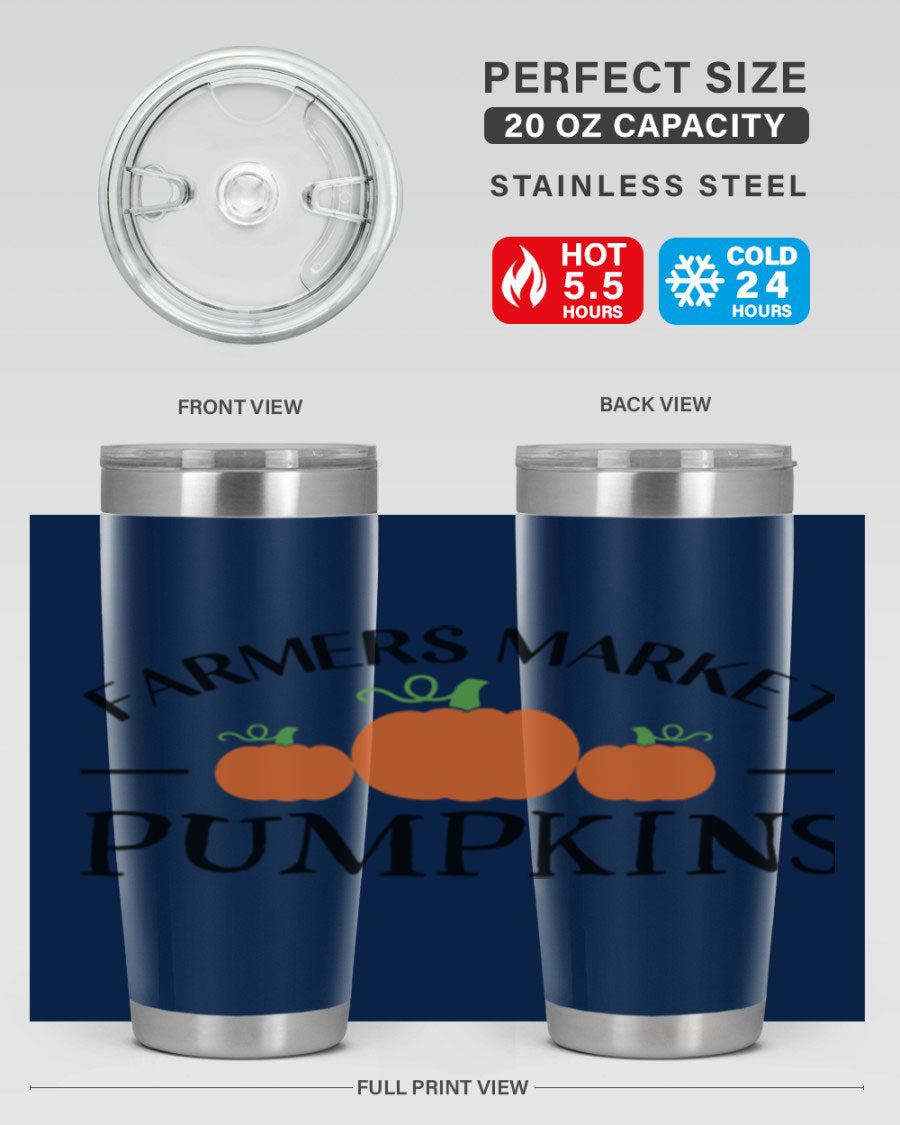 Farmers Market Pumpkins 178# 20oz tumbler featuring a vibrant pumpkin design, double wall vacuum stainless steel construction, and a drink-thru lid.