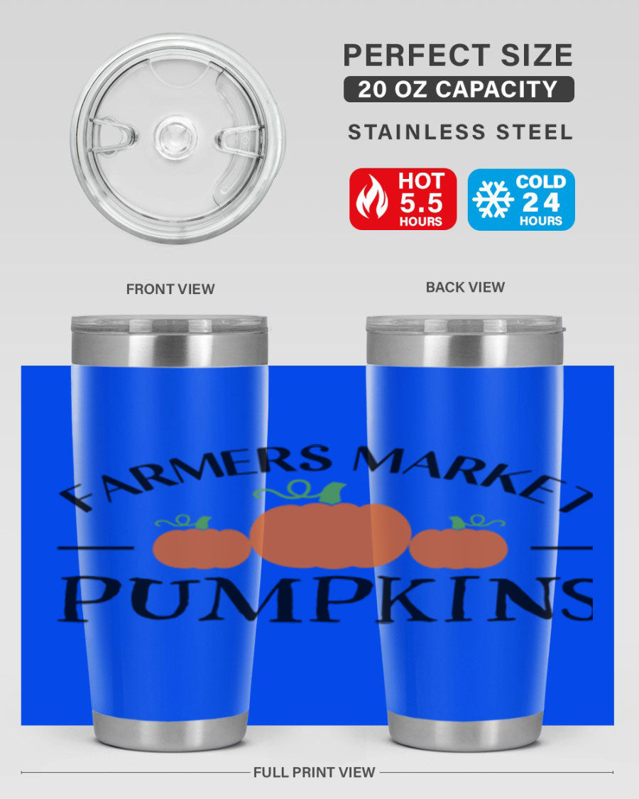 Farmers Market Pumpkins 178# 20oz tumbler featuring a vibrant pumpkin design, double wall vacuum stainless steel construction, and a drink-thru lid.